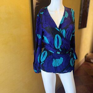 Trina Turk Purple Silk Wrap Blouse with Jewel-Embellished Belt – Size S